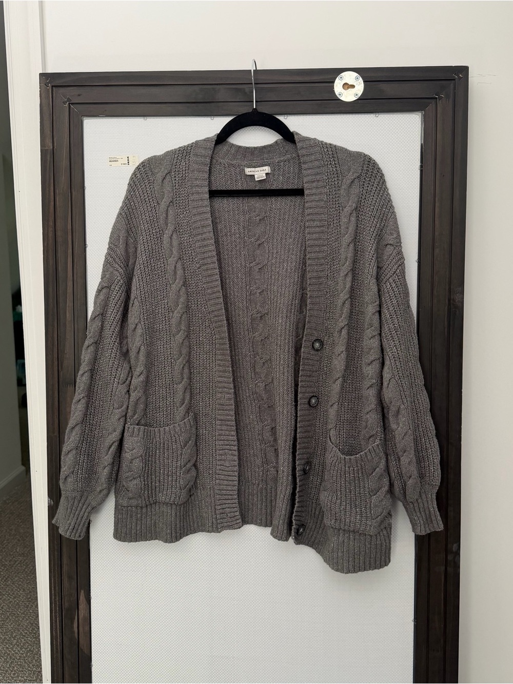 American Eagle Outfitters Gray Cable Knit Button-Front Cardigan